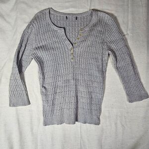 S Gray Women's Long Sleeve VNeck Knit Henley Gold Button 3/4 Sleeve Basics Y2k